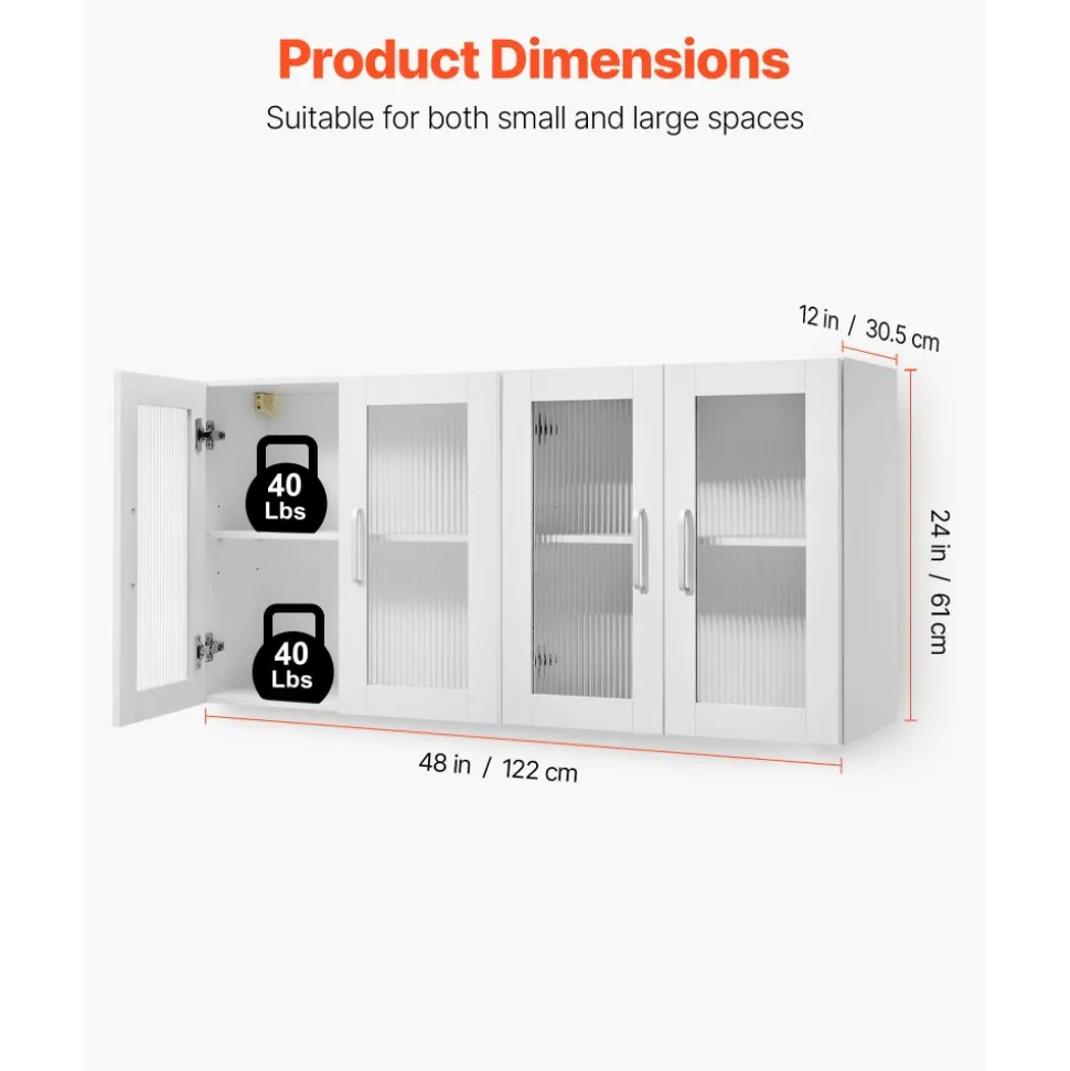 VEVOR Laundry Room Wall Cabinet, 2-Tier Wall Mounted Cabinet with Adjustable Shelf, Cupboard Storage with 4 Doors, for Kitchen, Bathroom, Laundry, Set of 2, Each 12 x 24 x 24 in (D x W x H), White