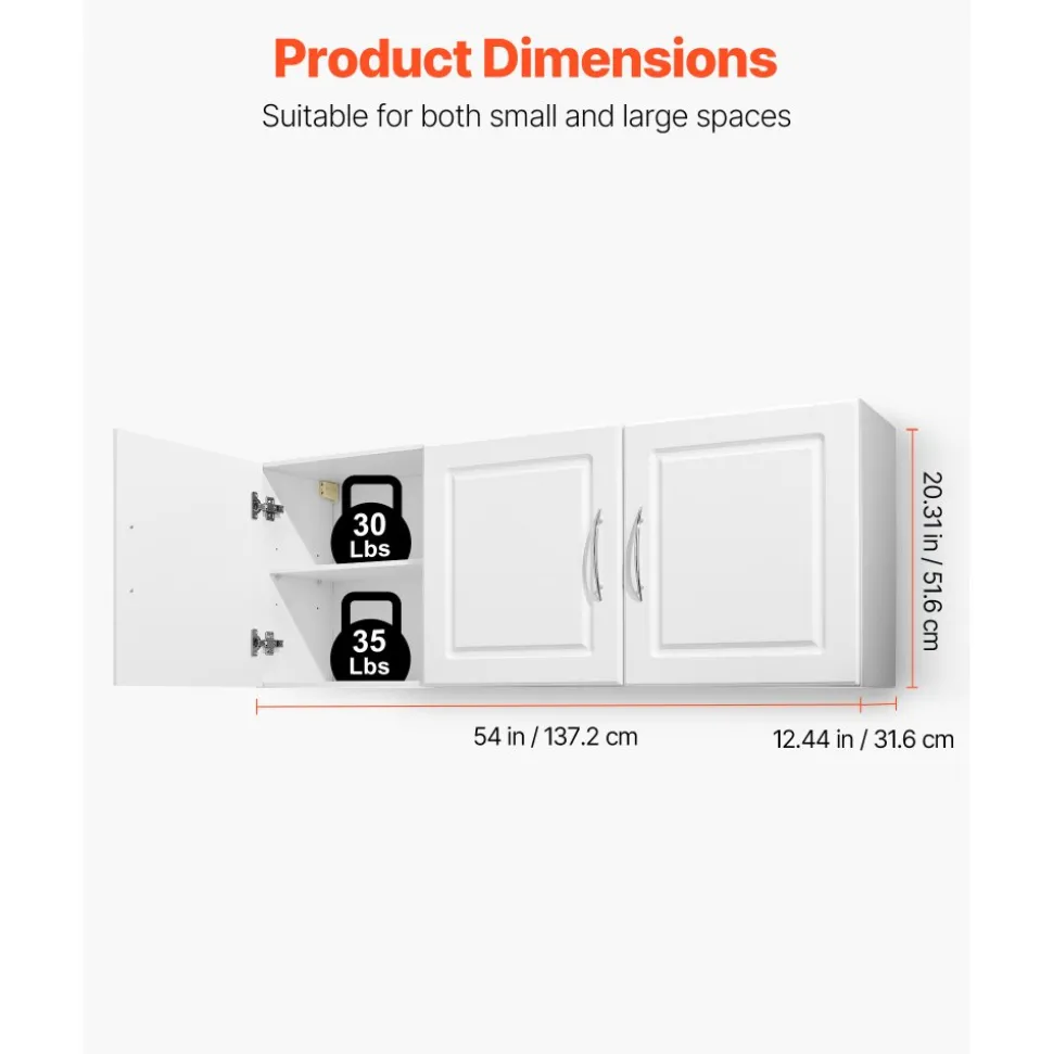 VEVOR Laundry Room Wall Cabinet, 2-Tier Wall Mounted Hanging Cabinet with Adjustable Shelf, Cupboard Storage with 3 Doors, for Kitchen, Bathroom, Laundry, 12.44 x 54 x 20.31 in (D x W x H), White
