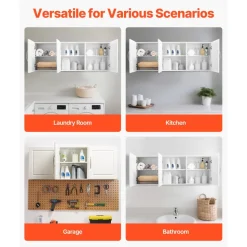 VEVOR Laundry Room Wall Cabinet, 2-Tier Wall Mounted Hanging Cabinet with Adjustable Shelf, Cupboard Storage with 3 Doors, for Kitchen, Bathroom, Laundry, 12.44 x 54 x 20.31 in (D x W x H), White
