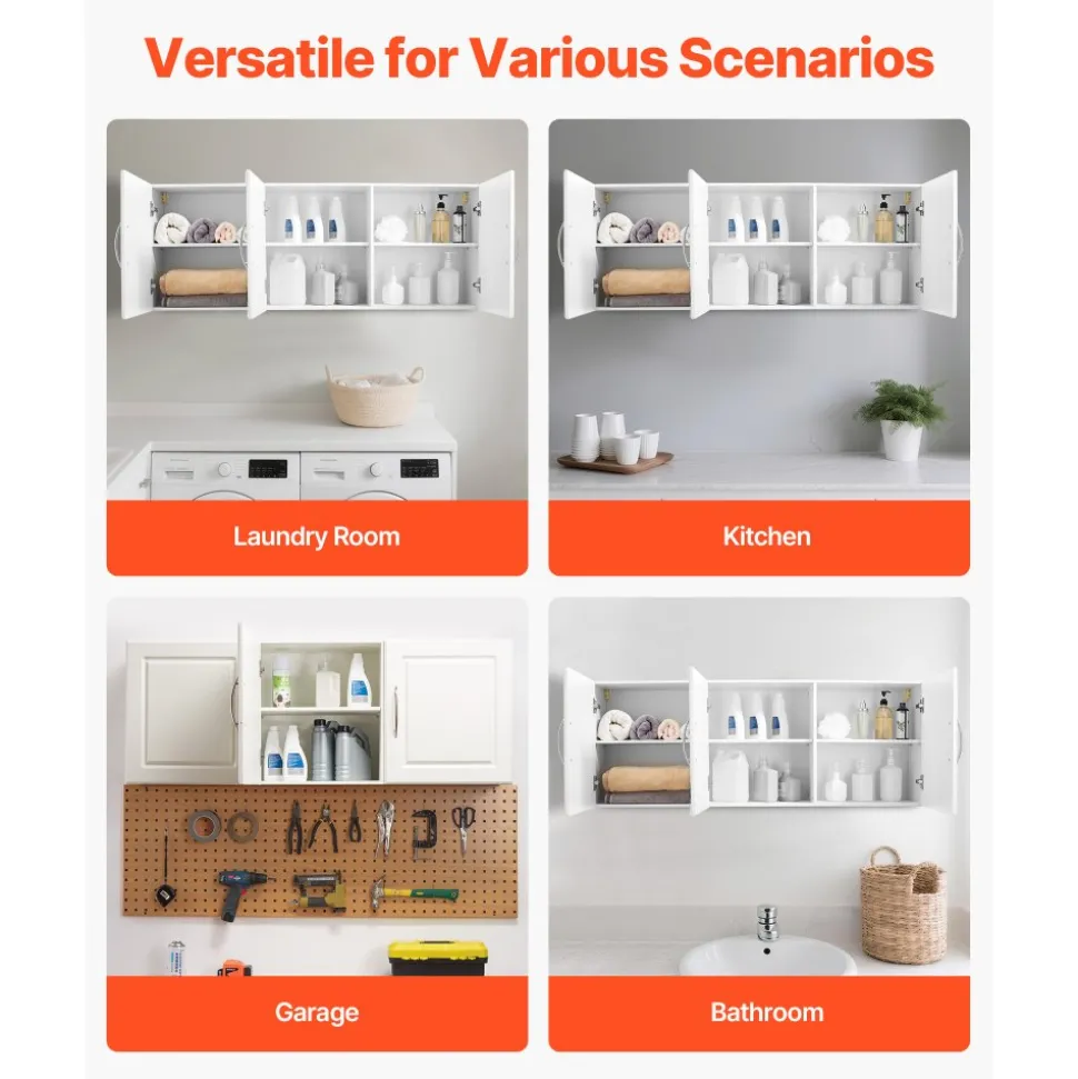 VEVOR Laundry Room Wall Cabinet, 2-Tier Wall Mounted Hanging Cabinet with Adjustable Shelf, Cupboard Storage with 3 Doors, for Kitchen, Bathroom, Laundry, 12.44 x 54 x 20.31 in (D x W x H), White
