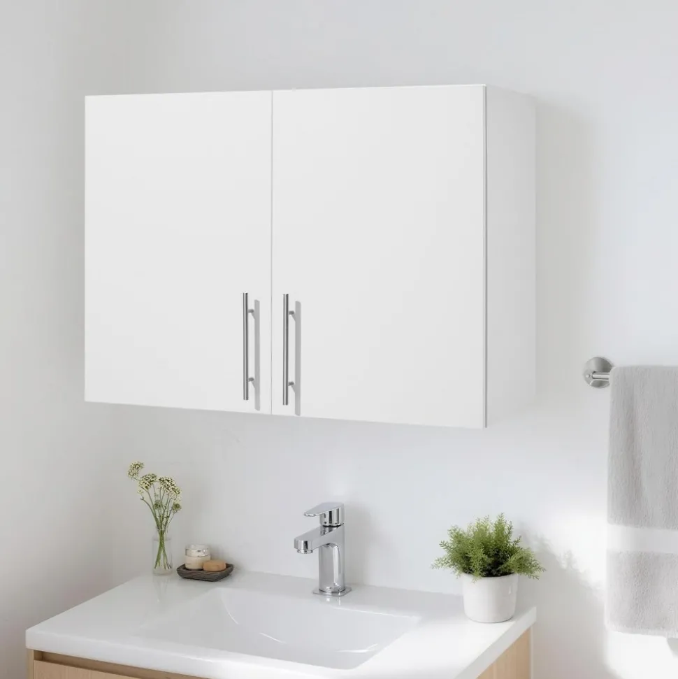 VEVOR Laundry Room Wall Cabinet, 2-Tier Wall Mounted Hanging Cabinet with Adjustable Shelf, 32 in Cupboard Storage with 2 Doors, for Bathroom, Kitchen, Laundry, 16 x 32 x 24 in (D x W x H), White