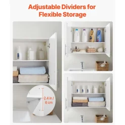 VEVOR Laundry Room Wall Cabinet, 2-Tier Wall Mounted Hanging Cabinet with Adjustable Shelf, 32 in Cupboard Storage with 2 Doors, for Bathroom, Kitchen, Laundry, 16 x 32 x 24 in (D x W x H), White