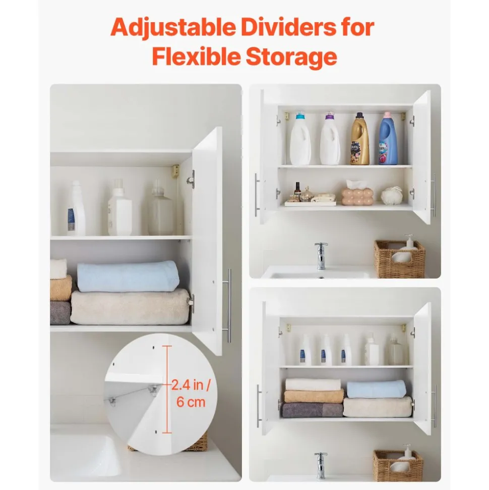 VEVOR Laundry Room Wall Cabinet, 2-Tier Wall Mounted Hanging Cabinet with Adjustable Shelf, 32 in Cupboard Storage with 2 Doors, for Bathroom, Kitchen, Laundry, 16 x 32 x 24 in (D x W x H), White