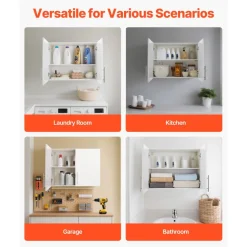 VEVOR Laundry Room Wall Cabinet, 2-Tier Wall Mounted Hanging Cabinet with Adjustable Shelf, 32 in Cupboard Storage with 2 Doors, for Bathroom, Kitchen, Laundry, 16 x 32 x 24 in (D x W x H), White