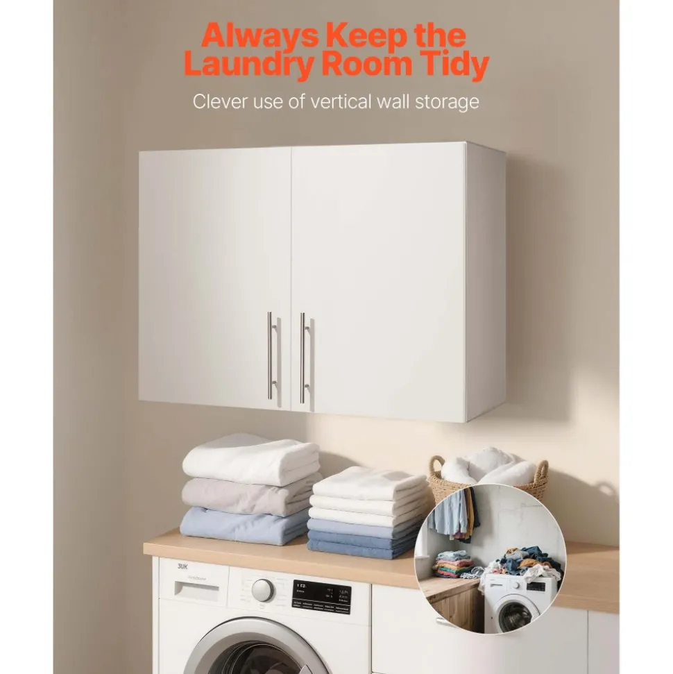 VEVOR Laundry Room Wall Cabinet, 2-Tier Wall Mounted Hanging Cabinet with Adjustable Shelf, 32 in Cupboard Storage with 2 Doors, for Bathroom, Kitchen, Laundry, 16 x 32 x 24 in (D x W x H), White