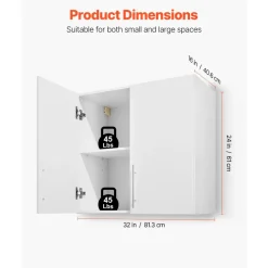 VEVOR Laundry Room Wall Cabinet, 2-Tier Wall Mounted Hanging Cabinet with Adjustable Shelf, 32 in Cupboard Storage with 2 Doors, for Bathroom, Kitchen, Laundry, 16 x 32 x 24 in (D x W x H), White
