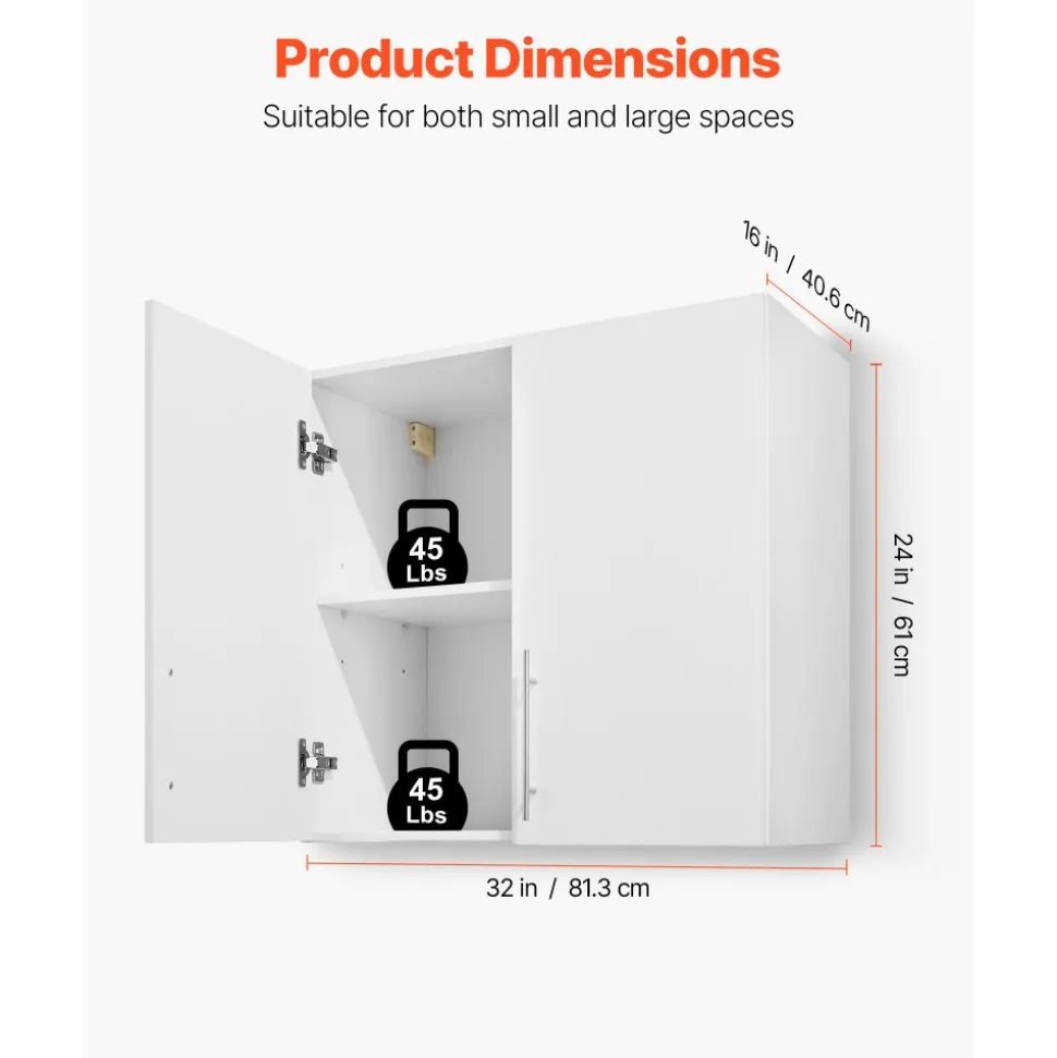 VEVOR Laundry Room Wall Cabinet, 2-Tier Wall Mounted Hanging Cabinet with Adjustable Shelf, 32 in Cupboard Storage with 2 Doors, for Bathroom, Kitchen, Laundry, 16 x 32 x 24 in (D x W x H), White