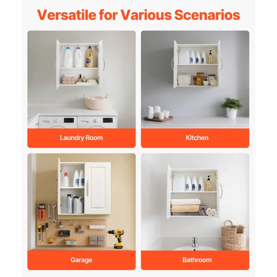 VEVOR Laundry Room Wall Cabinet, 2-Tier Wall Mounted Hanging Cabinet with Adjustable Shelf, 36 in Cupboard Storage with 2 Doors, for Kitchen, Bathroom, Laundry, 16 x 36 x 24 in (D x W x H), White