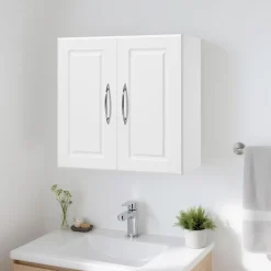 VEVOR Laundry Room Wall Cabinet, 2-Tier Wall Mounted Hanging Cabinet with Adjustable Shelf, 36 in Cupboard Storage with 2 Doors, for Kitchen, Bathroom, Laundry, 16 x 36 x 24 in (D x W x H), White
