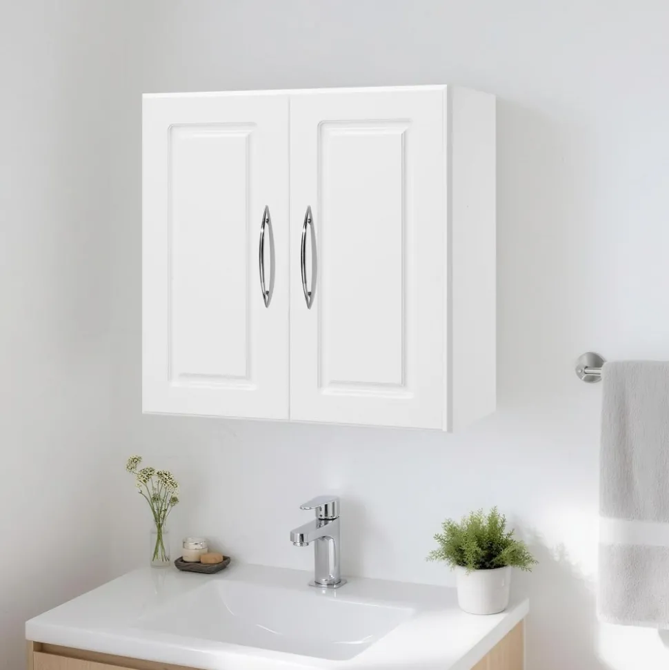 VEVOR Laundry Room Wall Cabinet, 2-Tier Wall Mounted Hanging Cabinet with Adjustable Shelf, 36 in Cupboard Storage with 2 Doors, for Kitchen, Bathroom, Laundry, 16 x 36 x 24 in (D x W x H), White