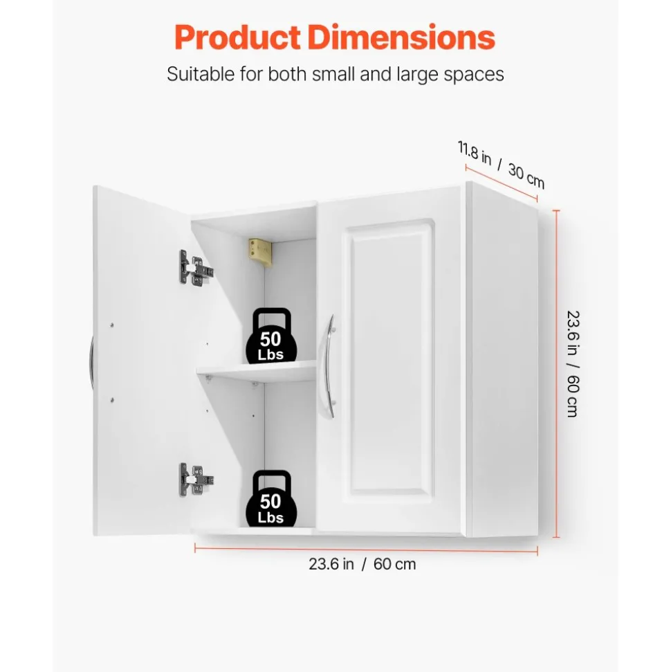 VEVOR Laundry Room Wall Cabinet, 2-Tier Wall Mounted Hanging Cabinet with Adjustable Shelf, 36 in Cupboard Storage with 2 Doors, for Kitchen, Bathroom, Laundry, 16 x 36 x 24 in (D x W x H), White