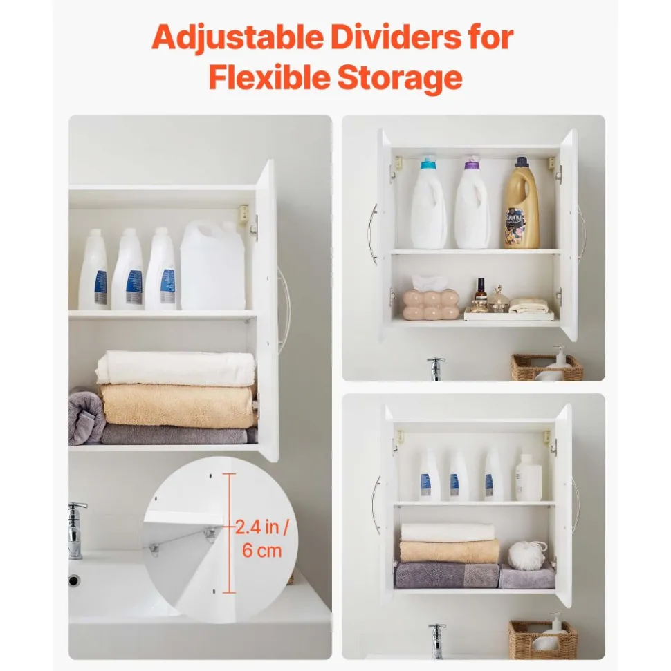 VEVOR Laundry Room Wall Cabinet, 2-Tier Wall Mounted Hanging Cabinet with Adjustable Shelf, 36 in Cupboard Storage with 2 Doors, for Kitchen, Bathroom, Laundry, 16 x 36 x 24 in (D x W x H), White