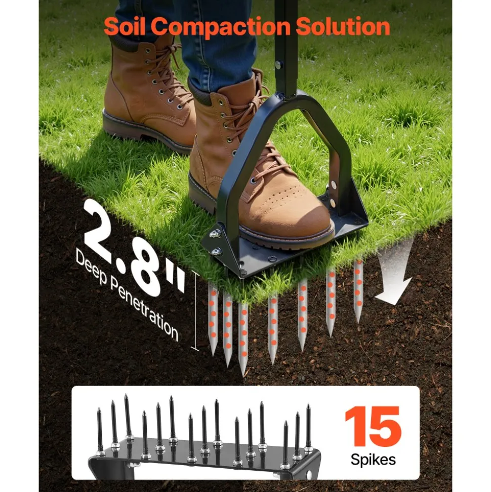 VEVOR Lawn Aerator, 9.2 in Manual Core Aerator Tool with 15 Iron Spikes, Long Handle & Wide Plate, Heavy Duty Grass Aeration Tool, Yard Aerators for Compacted Hardened Soil Lawn Aeration