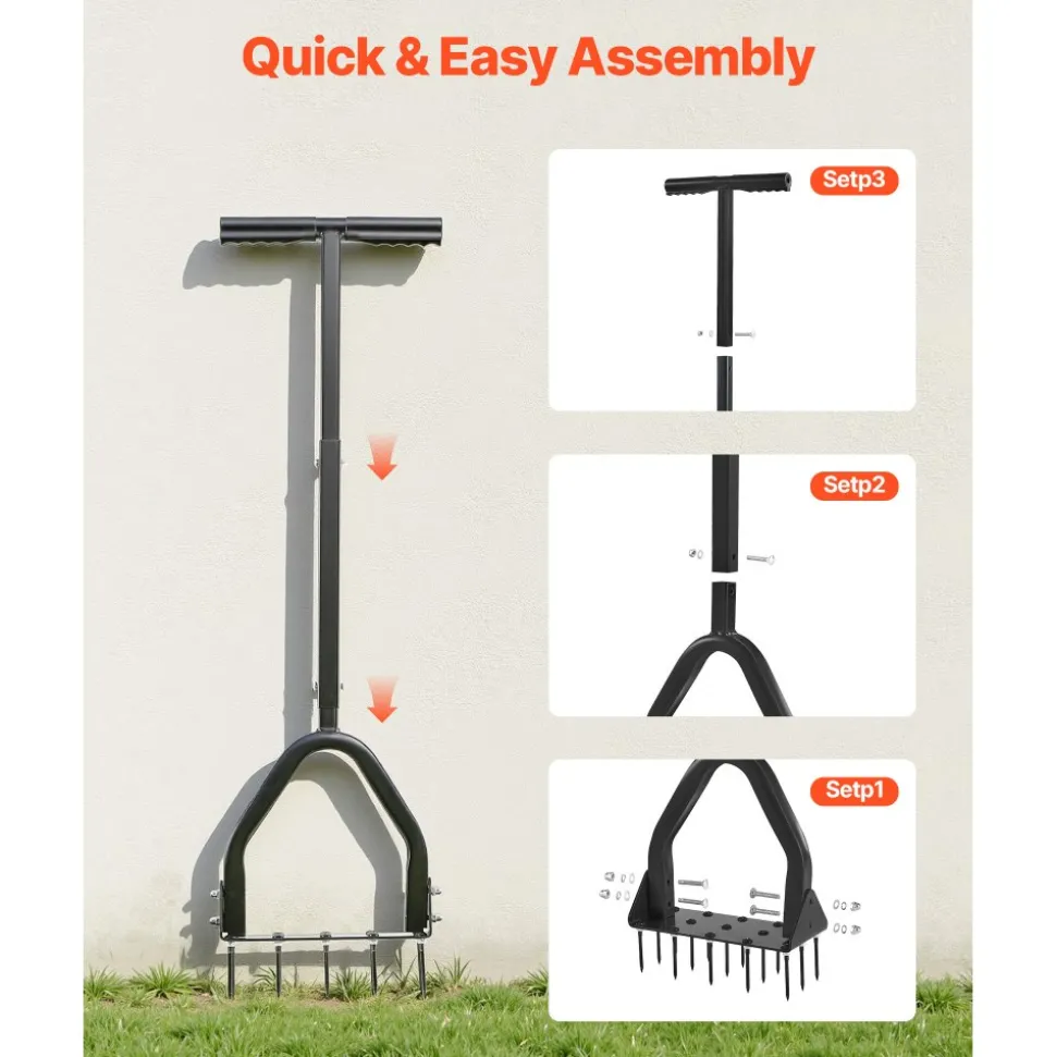 VEVOR Lawn Aerator, 9.2 in Manual Core Aerator Tool with 15 Iron Spikes, Long Handle & Wide Plate, Heavy Duty Grass Aeration Tool, Yard Aerators for Compacted Hardened Soil Lawn Aeration