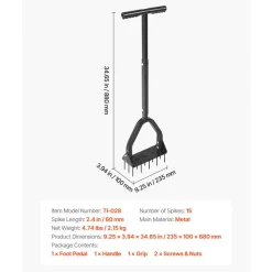 VEVOR Lawn Aerator, 9.2 in Manual Core Aerator Tool with 15 Iron Spikes, Long Handle & Wide Plate, Heavy Duty Grass Aeration Tool, Yard Aerators for Compacted Hardened Soil Lawn Aeration