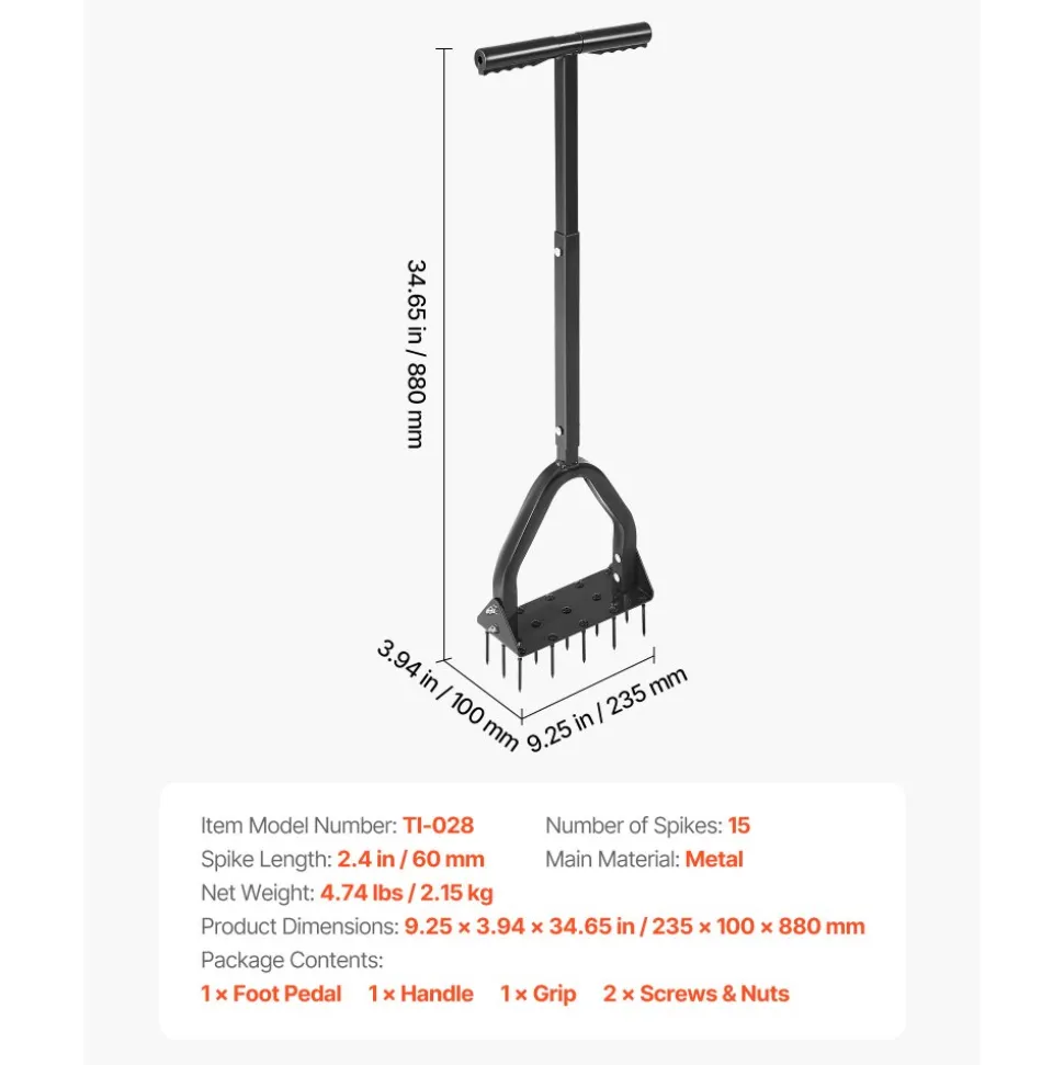 VEVOR Lawn Aerator, 9.2 in Manual Core Aerator Tool with 15 Iron Spikes, Long Handle & Wide Plate, Heavy Duty Grass Aeration Tool, Yard Aerators for Compacted Hardened Soil Lawn Aeration