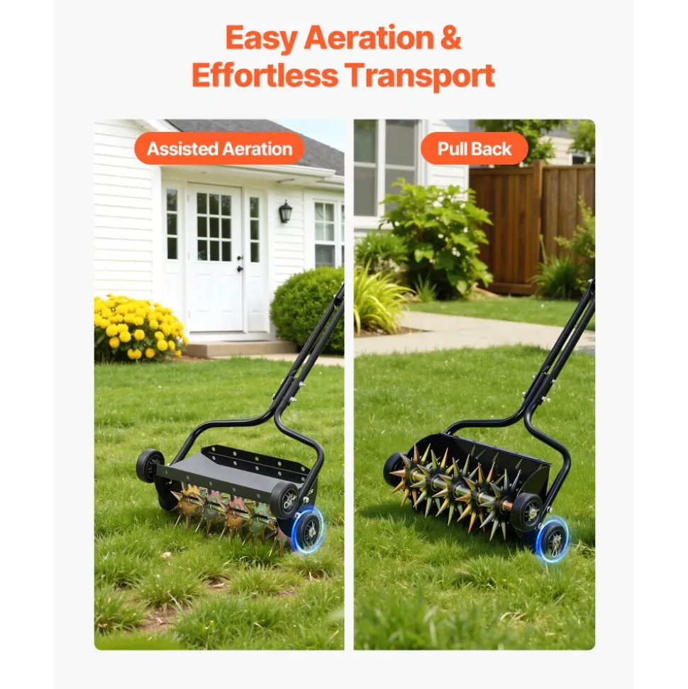 VEVOR Lawn Aerator, 18 in Manual Push Spike Aerator with 4 Wheels & Handle, Heavy Duty Grass Aerators, Supports 40 lbs Added Weight, Rolling Lawn Aeration Tool for Garden Yard Aeration Soil Health