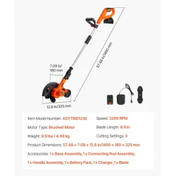 VEVOR Lawn Edger, 8.8-inch Blade Length, Battery Powered Cordless Edger Lawn Tool, with 3-Position Blade Depth, 4000 mAh Battery and Charger Included, for Lawns, Driveways, Yards, and Sidewalk Edges