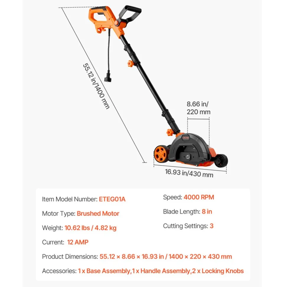 VEVOR Lawn Edger, 8-inch Blade Length, 12 Amp Electric Edger Lawn Tool, 4000 RPM, with 3-Position Blade Depth, 65 Mn, Pivoting Handle, Dual Wheels, for Lawns, Driveways, Yards, and Sidewalk Edges