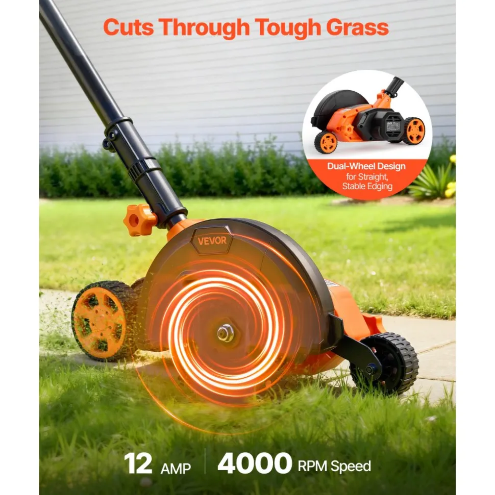 VEVOR Lawn Edger, 8-inch Blade Length, 12 Amp Electric Edger Lawn Tool, 4000 RPM, with 3-Position Blade Depth, 65 Mn, Pivoting Handle, Dual Wheels, for Lawns, Driveways, Yards, and Sidewalk Edges