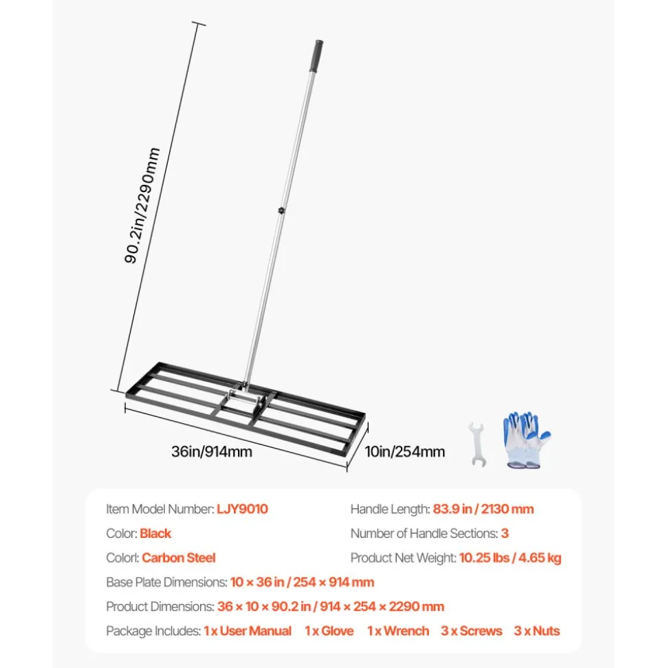 VEVOR Lawn Leveling Rake, Lawn Leveler with 83.9 in Handle, 36x10 in Ground Plate, Rust-Resistant Carbon Steel Soil Leveler, 3 Heights Adjustable, Effort Saving Lawn Leveling Tool for Yard Golf Court