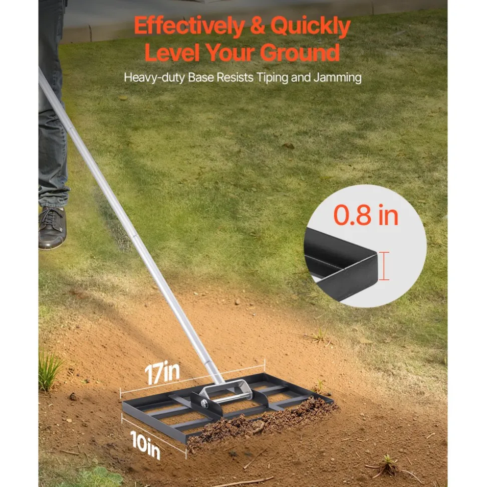 VEVOR Lawn Leveling Rake, Lawn Leveler with 78 in Handle, 17x10 in Ground Plate, Rust-Resistant Carbon Steel Soil Leveler, 5 Heights Adjustable, Effort Saving Lawn Leveling Tool for Yard Golf Court