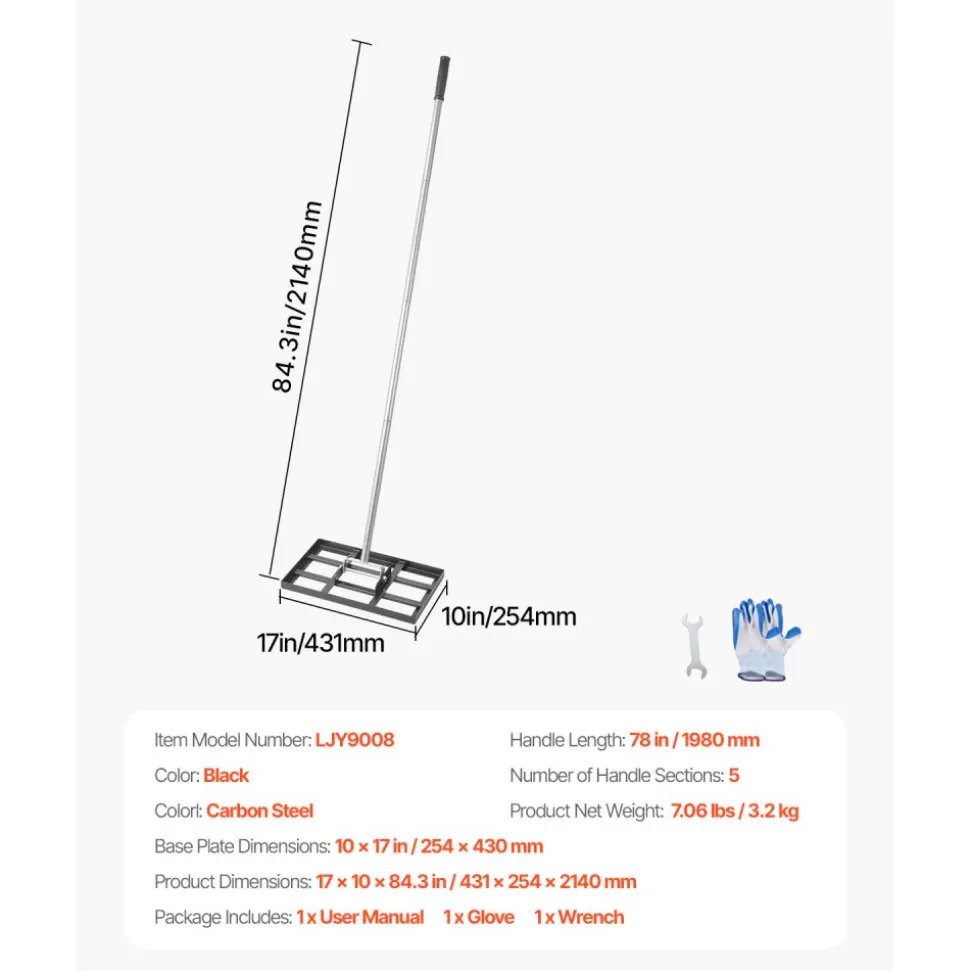 VEVOR Lawn Leveling Rake, Lawn Leveler with 78 in Handle, 17x10 in Ground Plate, Rust-Resistant Carbon Steel Soil Leveler, 5 Heights Adjustable, Effort Saving Lawn Leveling Tool for Yard Golf Court