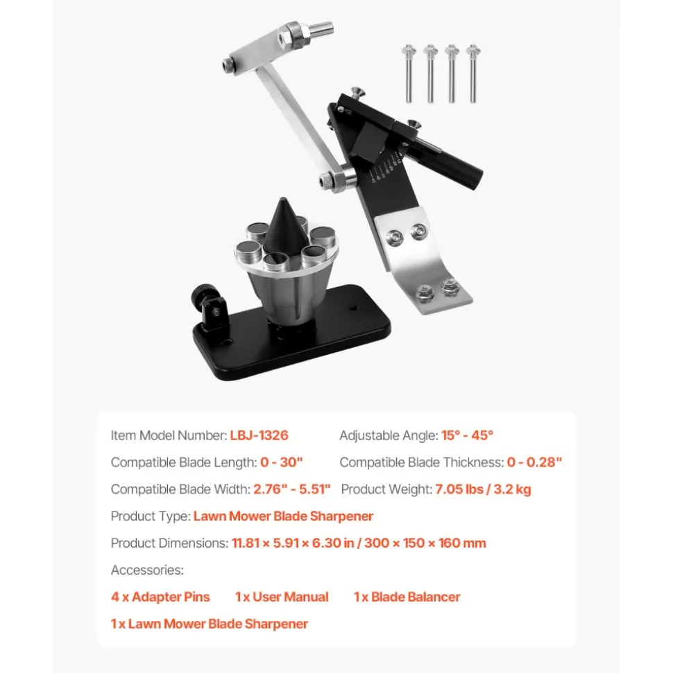 VEVOR Lawn Mower Blade Sharpener and Balancer, 15° - 45° Adjustable Lawnmower Blade Sharpening Tool with 4 Adapter Pins, Ball Bearings & 25mm Enlarged Handle, Compatible with Most Angle Grinders