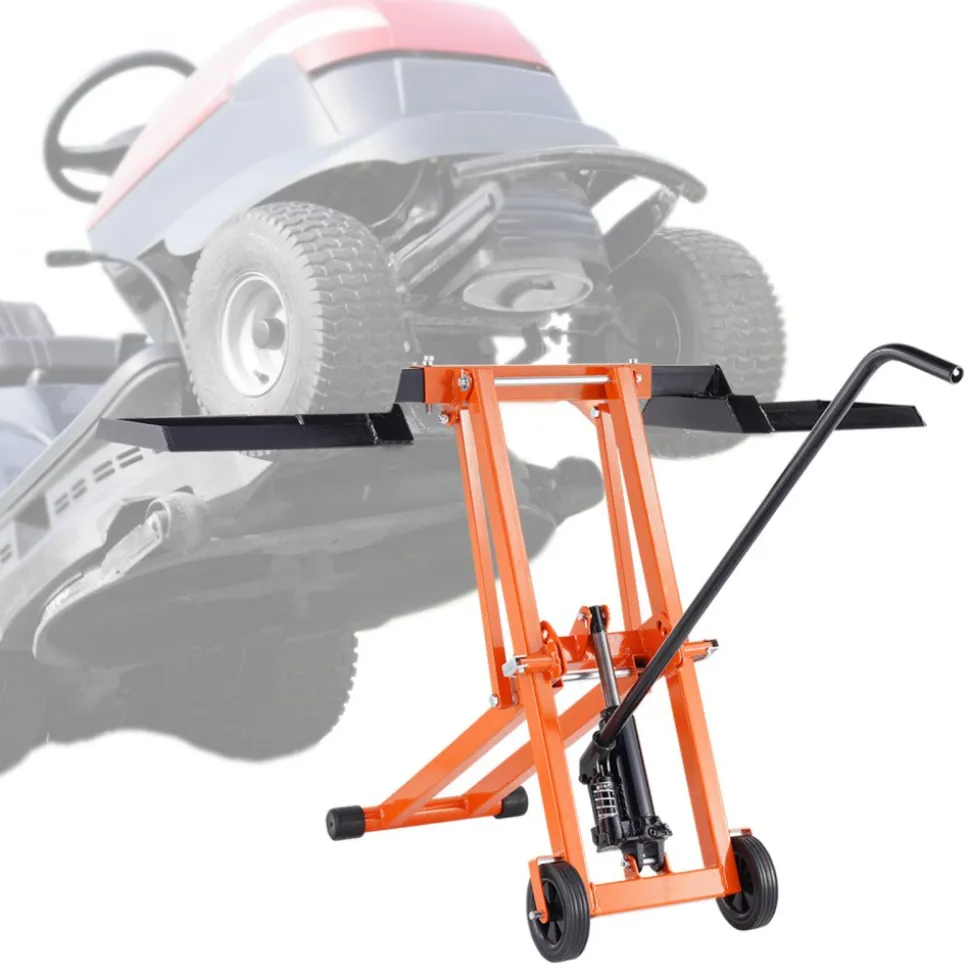 VEVOR Lawn Mower Lift with Hydraulic Jack, 500 Lbs Weight Capacity, Solid Carbon Steel Lawn Mower Lift, Adjustable Movable Lawn Lifter for Riding Tractors and Zero Turn Lawn Mowers, Orange