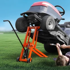 VEVOR Lawn Mower Lift with Hydraulic Jack, 500 Lbs Weight Capacity, Solid Carbon Steel Lawn Mower Lift, Adjustable Movable Lawn Lifter for Riding Tractors and Zero Turn Lawn Mowers, Orange