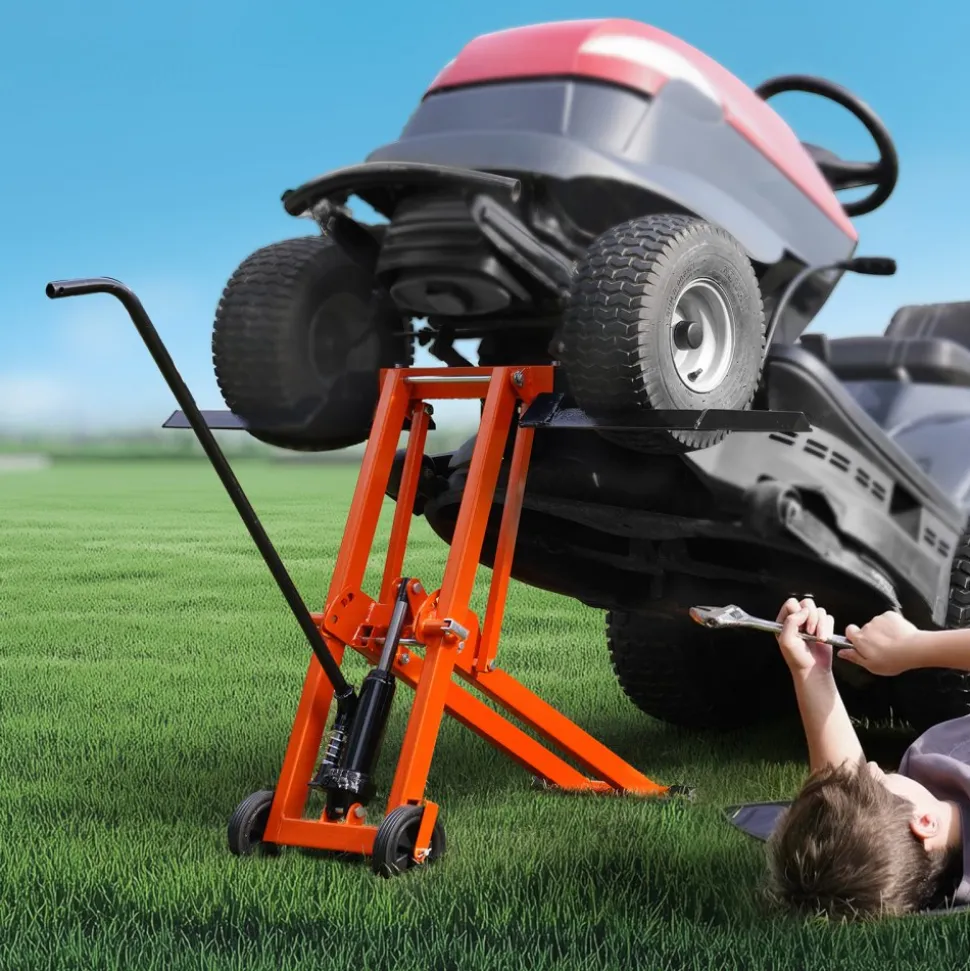 VEVOR Lawn Mower Lift with Hydraulic Jack, 500 Lbs Weight Capacity, Solid Carbon Steel Lawn Mower Lift, Adjustable Movable Lawn Lifter for Riding Tractors and Zero Turn Lawn Mowers, Orange