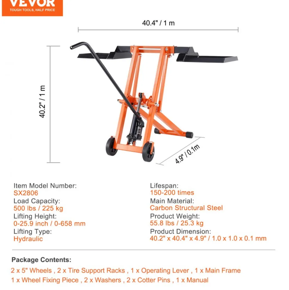 VEVOR Lawn Mower Lift with Hydraulic Jack, 500 Lbs Weight Capacity, Solid Carbon Steel Lawn Mower Lift, Adjustable Movable Lawn Lifter for Riding Tractors and Zero Turn Lawn Mowers, Orange