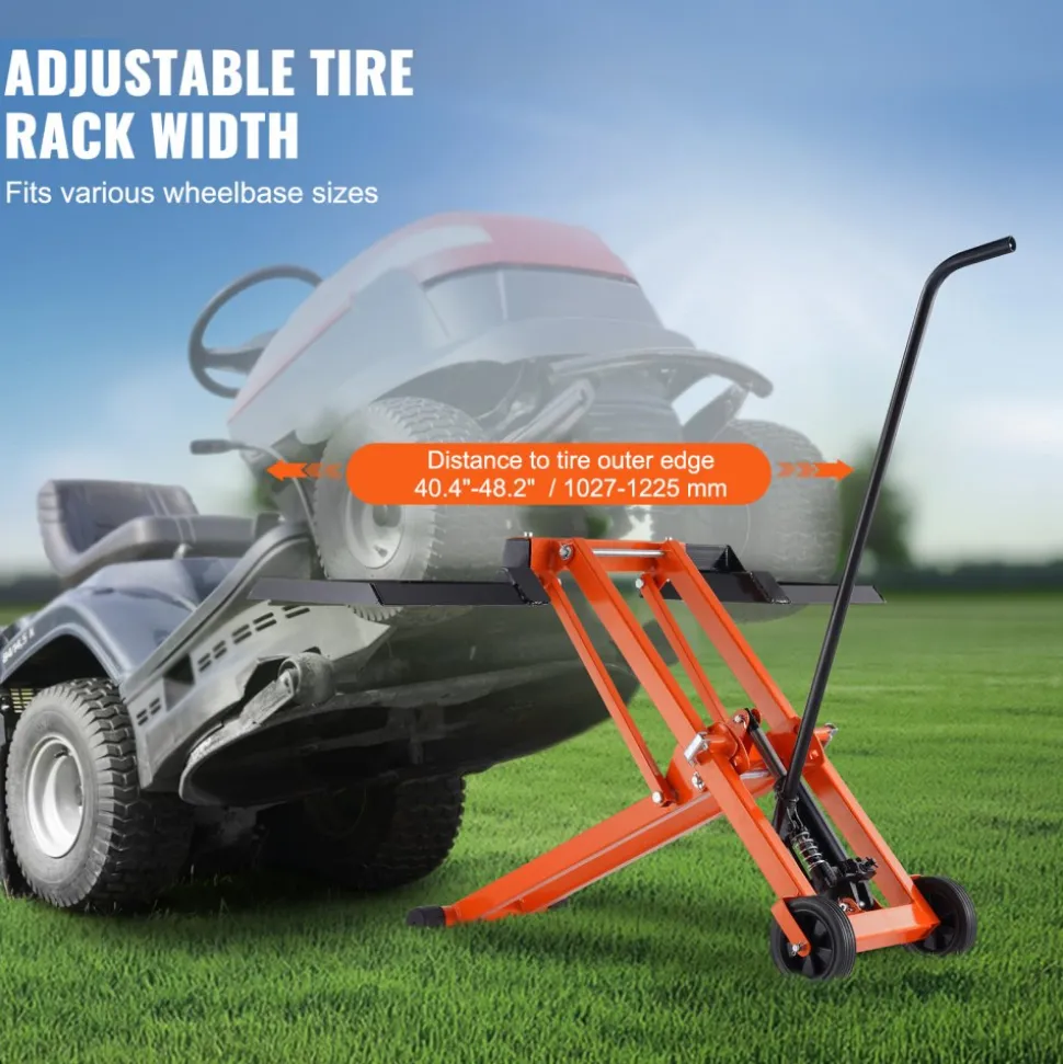 VEVOR Lawn Mower Lift with Hydraulic Jack, 500 Lbs Weight Capacity, Solid Carbon Steel Lawn Mower Lift, Adjustable Movable Lawn Lifter for Riding Tractors and Zero Turn Lawn Mowers, Orange
