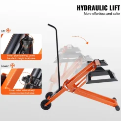 VEVOR Lawn Mower Lift with Hydraulic Jack, 500 Lbs Weight Capacity, Solid Carbon Steel Lawn Mower Lift, Adjustable Movable Lawn Lifter for Riding Tractors and Zero Turn Lawn Mowers, Orange