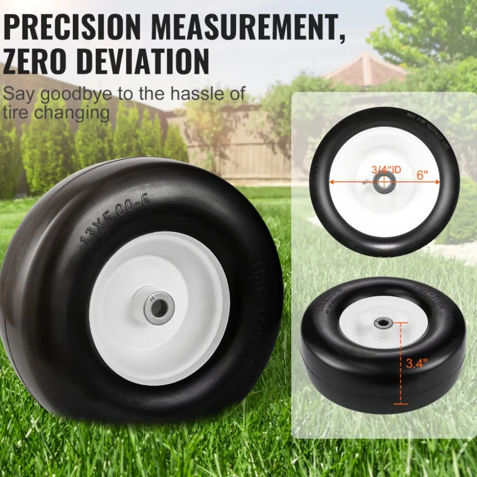 VEVOR Lawn Mower Tires with Rim, 13x5-6" Tubeless Tractor Tires, 2-Pack Tire and Wheel Assembly, Flat-free PU Tires, 3.25"-5.9" Centered Hub, 3/4" Bushing Size, 20 PCS Adapter for Lawn Mowers Tractors