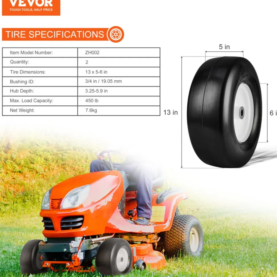 VEVOR Lawn Mower Tires with Rim, 13x5-6" Tubeless Tractor Tires, 2-Pack Tire and Wheel Assembly, Flat-free PU Tires, 3.25"-5.9" Centered Hub, 3/4" Bushing Size, 20 PCS Adapter for Lawn Mowers Tractors