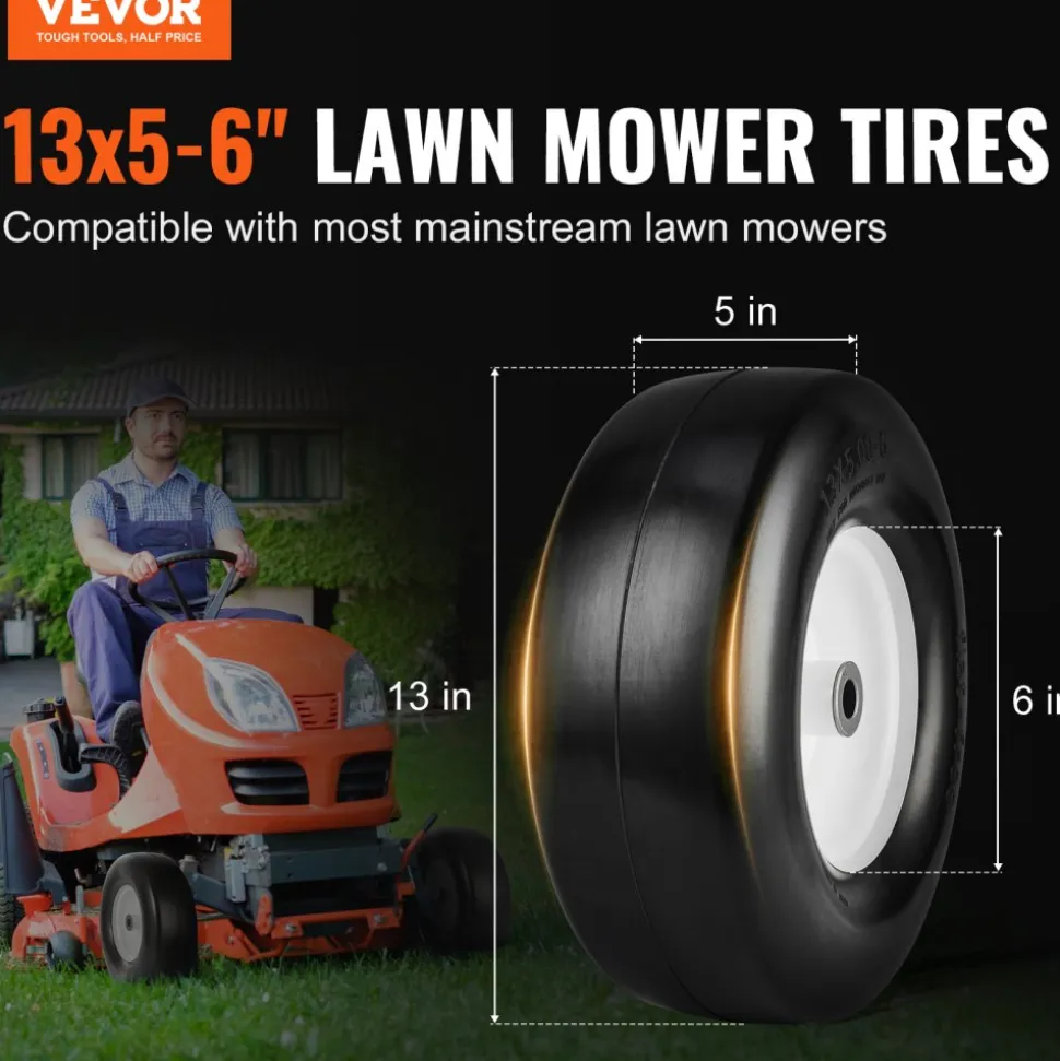 VEVOR Lawn Mower Tires with Rim, 13x5-6" Tubeless Tractor Tires, 2-Pack Tire and Wheel Assembly, Flat-free PU Tires, 3.25"-5.9" Centered Hub, 3/4" Bushing Size, 20 PCS Adapter for Lawn Mowers Tractors