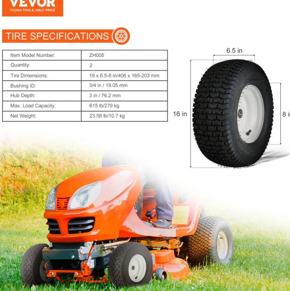 VEVOR Lawn Mower Tires with Rim, 16x6.5-8" Tubeless Tractor Tires, 2-Pack Tire and Wheel Assembly, Turf Pneumatic Tires, 3" Offset Hub, 3/4" Bushing Size, 16 PCS Adapters for Riding Mower Lawn Tractor