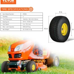 VEVOR Lawn Mower Tires with Rim, 15x6-6" Tubeless Tractor Tires, 2-Pack Tire and Wheel Assembly, S-Turf Pneumatic Tires, 3" Offset Hub, 3/4" Bushing Size, 16 PCS Adapters for Riding Mower Lawn Tractor