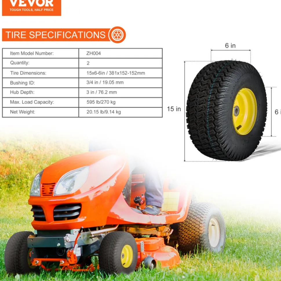 VEVOR Lawn Mower Tires with Rim, 15x6-6" Tubeless Tractor Tires, 2-Pack Tire and Wheel Assembly, S-Turf Pneumatic Tires, 3" Offset Hub, 3/4" Bushing Size, 16 PCS Adapters for Riding Mower Lawn Tractor