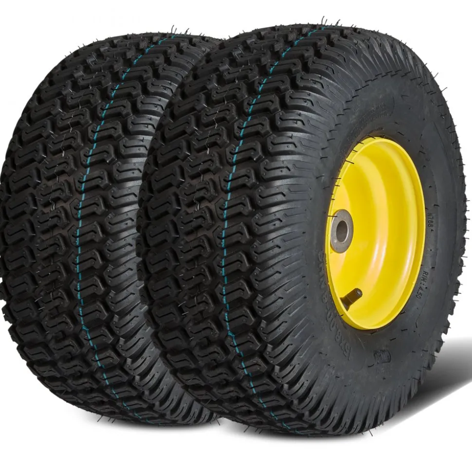 VEVOR Lawn Mower Tires with Rim, 15x6-6" Tubeless Tractor Tires, 2-Pack Tire and Wheel Assembly, S-Turf Pneumatic Tires, 3" Offset Hub, 3/4" Bushing Size, 16 PCS Adapters for Riding Mower Lawn Tractor