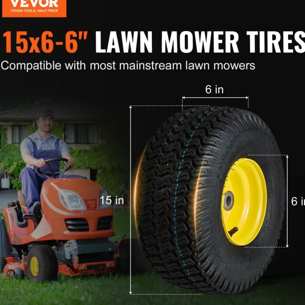 VEVOR Lawn Mower Tires with Rim, 15x6-6" Tubeless Tractor Tires, 2-Pack Tire and Wheel Assembly, S-Turf Pneumatic Tires, 3" Offset Hub, 3/4" Bushing Size, 16 PCS Adapters for Riding Mower Lawn Tractor