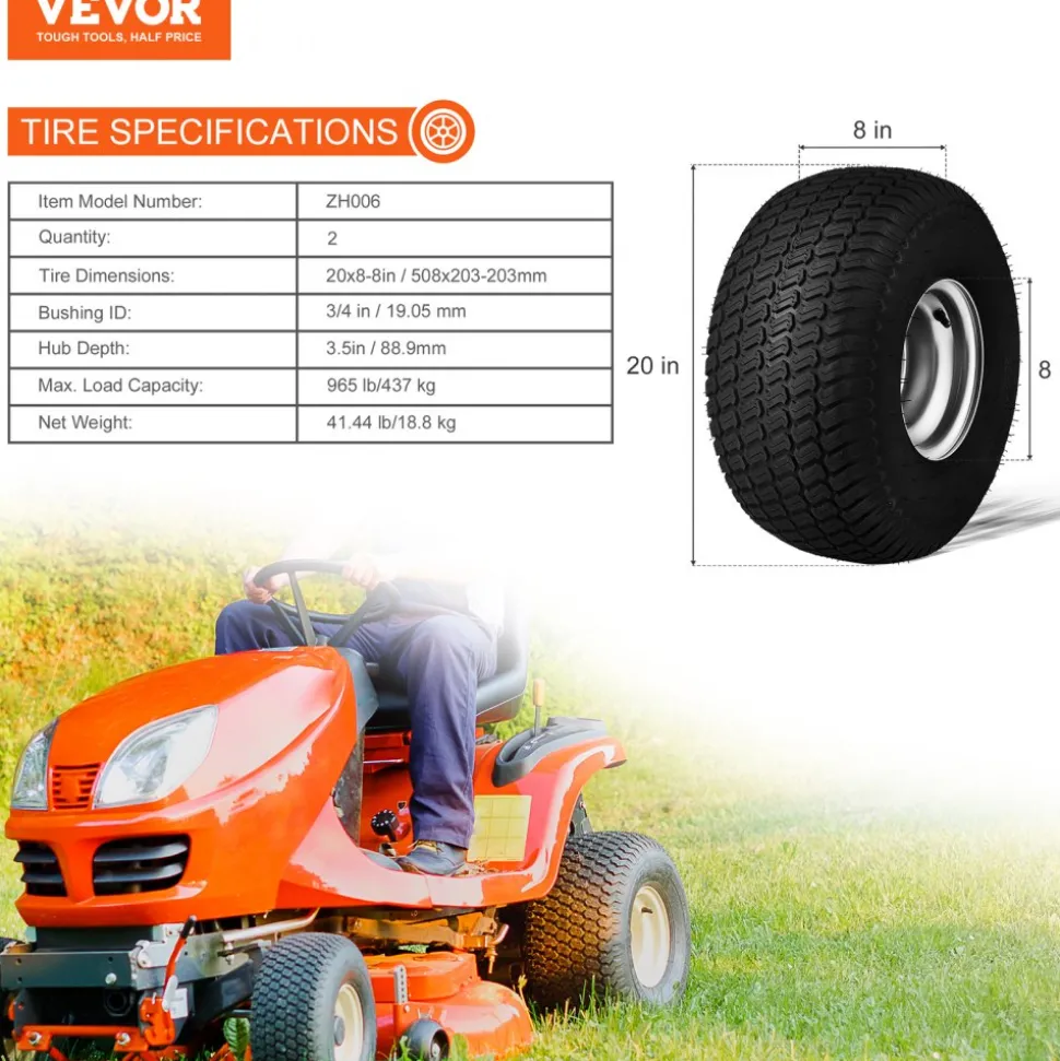 VEVOR Lawn Mower Tires with Rim, 20x8-8" Tubeless Tractor Tires, 2-Pack Tire and Wheel Assembly, S-Turf Pneumatic Tires with 3.5" Offset Hub and 3/4" Bushing Size, for Riding Mowers Lawn Tractors
