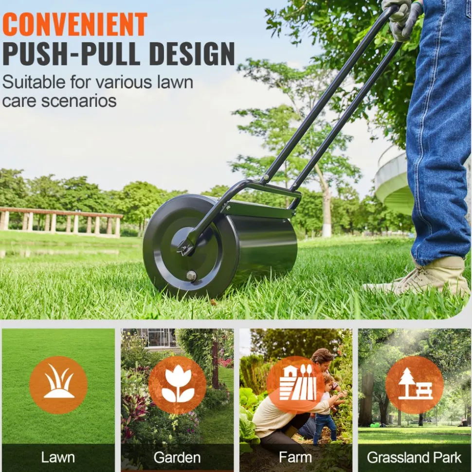VEVOR Lawn Roller, 17 Gallon Sand/Water Filled Yard Roller, Steel Sod Roller with Easy-turn Plug and U-Shaped Ergonomic Handle for Convenient Push and Pull, for Lawn, Garden, Farm, Park, Black