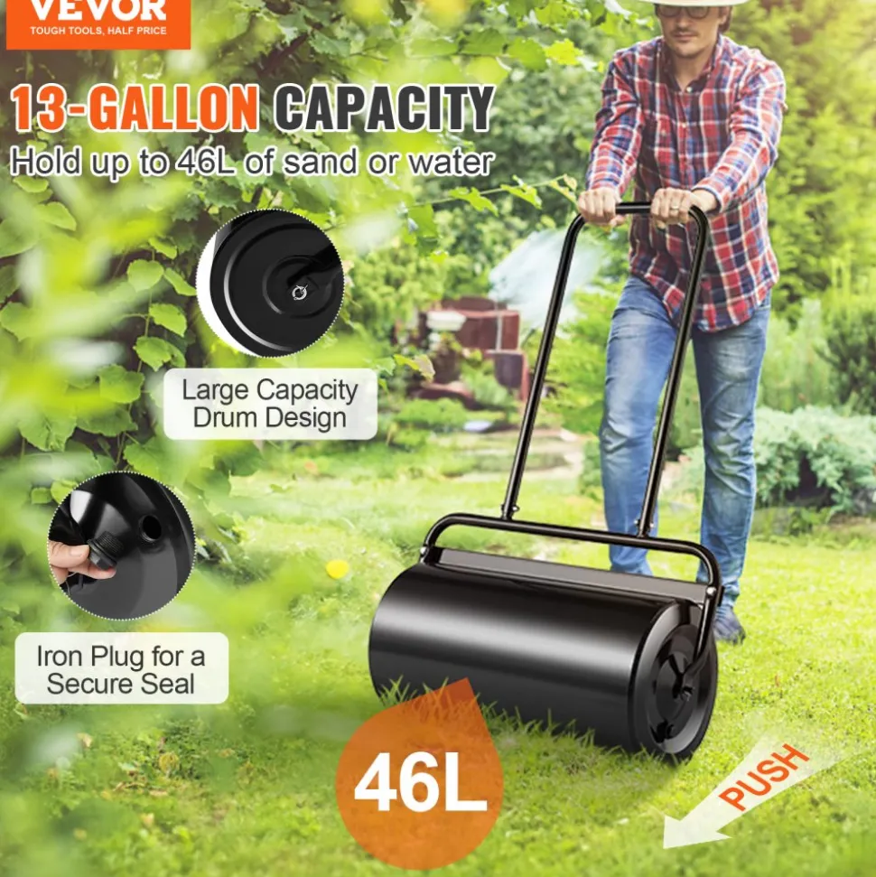 VEVOR Lawn Roller, 17 Gallon Sand/Water Filled Yard Roller, Steel Sod Roller with Easy-turn Plug and U-Shaped Ergonomic Handle for Convenient Push and Pull, for Lawn, Garden, Farm, Park, Black