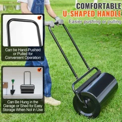 VEVOR Lawn Roller, 17 Gallon Sand/Water Filled Yard Roller, Steel Sod Roller with Easy-turn Plug and U-Shaped Ergonomic Handle for Convenient Push and Pull, for Lawn, Garden, Farm, Park, Black