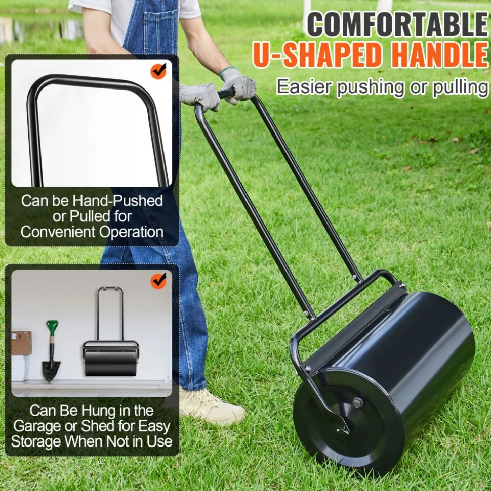 VEVOR Lawn Roller, 17 Gallon Sand/Water Filled Yard Roller, Steel Sod Roller with Easy-turn Plug and U-Shaped Ergonomic Handle for Convenient Push and Pull, for Lawn, Garden, Farm, Park, Black