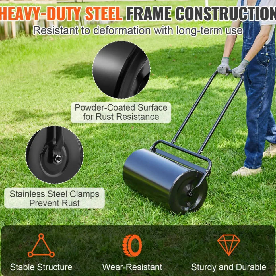 VEVOR Lawn Roller, 17 Gallon Sand/Water Filled Yard Roller, Steel Sod Roller with Easy-turn Plug and U-Shaped Ergonomic Handle for Convenient Push and Pull, for Lawn, Garden, Farm, Park, Black