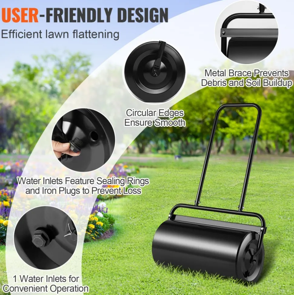 VEVOR Lawn Roller, 17 Gallon Sand/Water Filled Yard Roller, Steel Sod Roller with Easy-turn Plug and U-Shaped Ergonomic Handle for Convenient Push and Pull, for Lawn, Garden, Farm, Park, Black