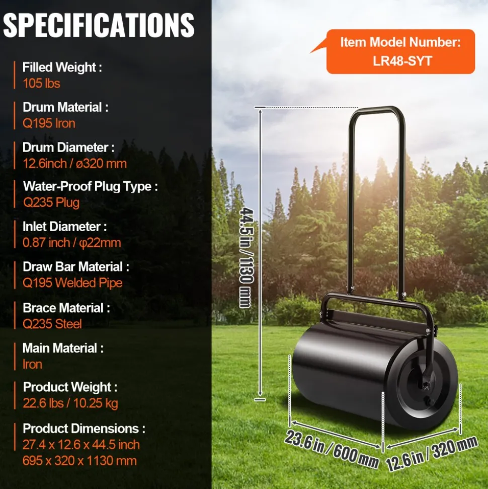 VEVOR Lawn Roller, 17 Gallon Sand/Water Filled Yard Roller, Steel Sod Roller with Easy-turn Plug and U-Shaped Ergonomic Handle for Convenient Push and Pull, for Lawn, Garden, Farm, Park, Black